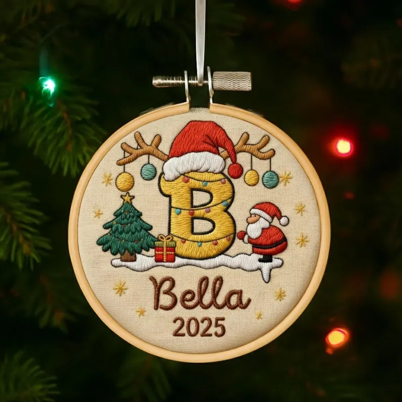 Puff 3D embroidery: dimensional Bella 2025 Christmas ornament with raised letter B, Santa, and tree design
